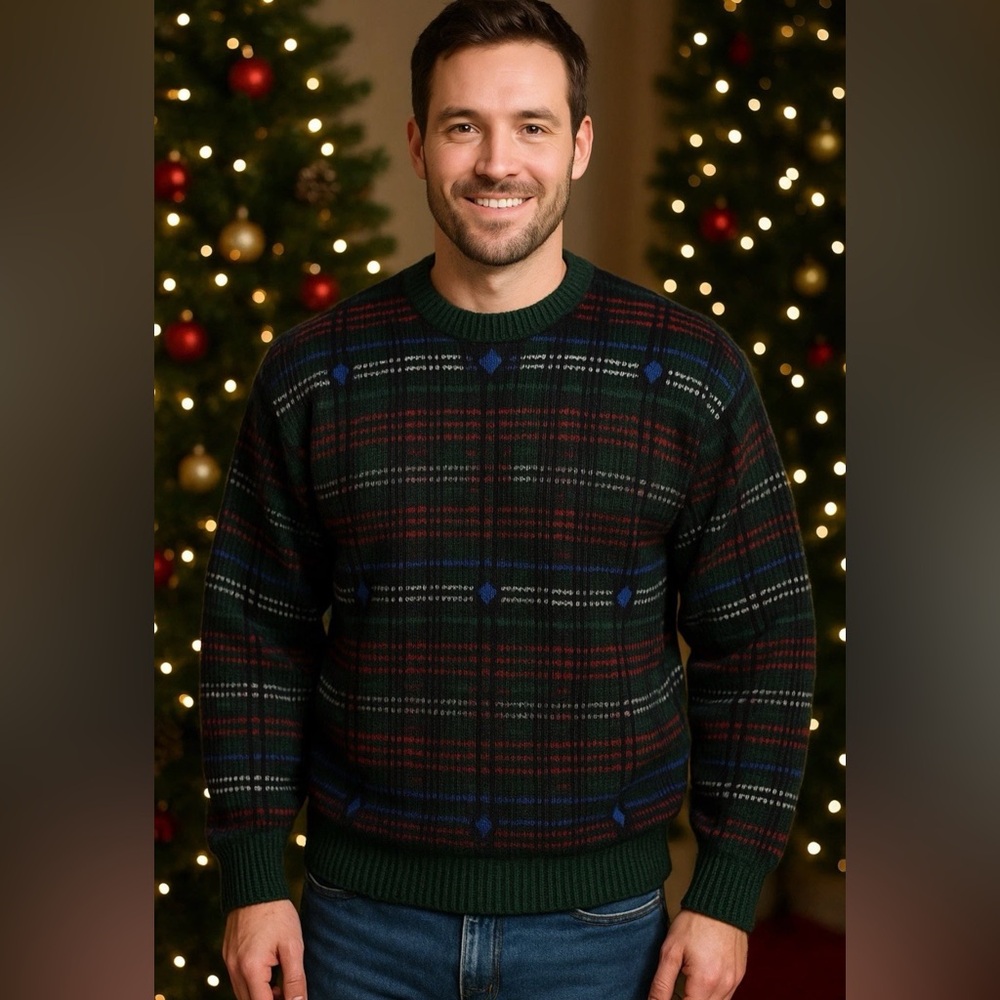 Vintage‎ Hennessy by Van Heusen Sweater XL Green Plaid Knit 90s Retro Holiday